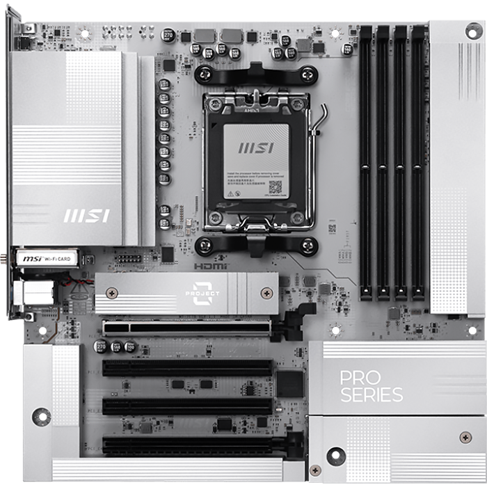 Материнская плата MSI PRO B850M-A WIFI, AM5, AMD B850, 4xDDR5, 4xSATA, 2xM.2, 1xPCIe 5.0 x16, 1xPCIe 4.0 x4, 1xPCIe 3.0 x1, 1xDP, 1xHDMI, 1x5Gb LAN, Wi-Fi 7, Bluetooth 5.4, 2xUSB-C 10Gbps, 3xUSB-A 10Gbps, 3xUSB-A 5Gbps, 4xUSB-A 2.0, 3x3.5 мм, 7.1, mATX