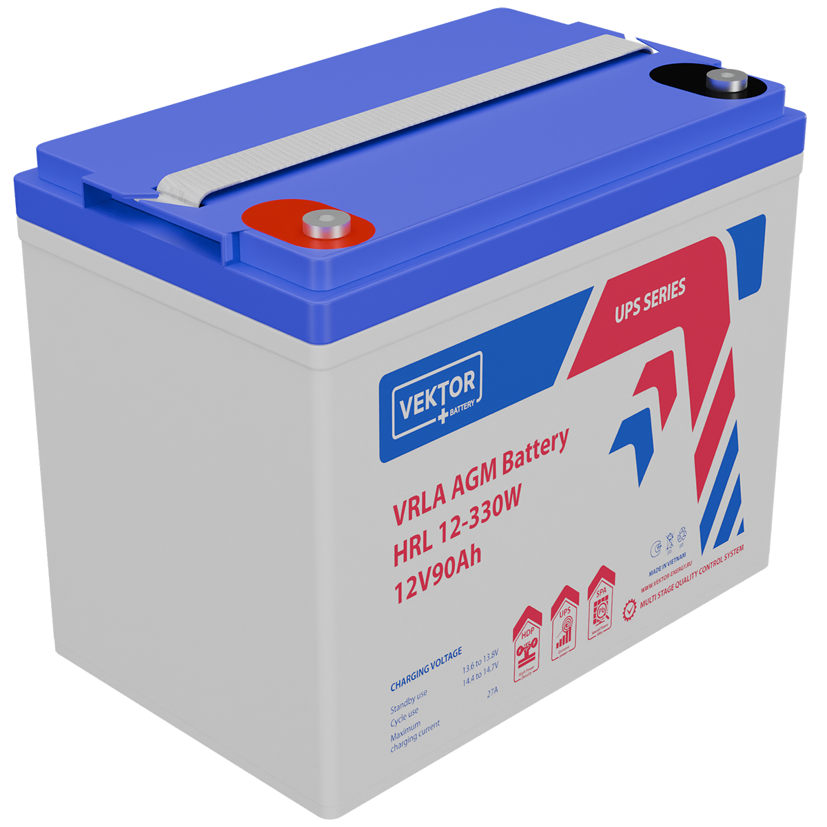 Батарея Vektor Battery серия HRL, HRL 12-330W, напряжение 12В, емкость 90 Ач (разряд 10 часов), макс. ток разряда (5 сек.) 900 А, макс. ток заряда 27 А, свинцово-кислотная типа AGM, клеммы М6, ДxШxВ 260x168x212мм., вес 25 кг., срок службы 12 лет