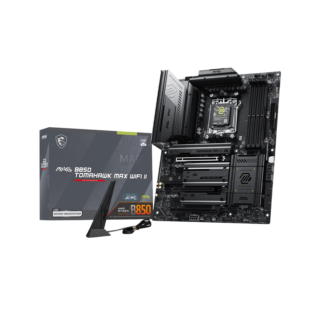 Материнская плата MSI MAG B850 TOMAHAWK MAX WIFI II, AM5, AMD B850, 4xDDR5, 4xSATA, 4xM.2, 1xPCIe 5.0 x16, 1xPCIe 4.0 x16, 1xPCIe 3.0 x16, 1xHDMI, 1xDP, 1x5Gb LAN, Wi-Fi 7, Bluetooth 5.4, 3xUSB-C 10Gbps, 2xUSB-A 10Gbps, 1xUSB-A 5Gbps, 4xUSB-A 2.0, 3x3.5 мм + S/PDIF оптический, 7.1, чёрный, ATX