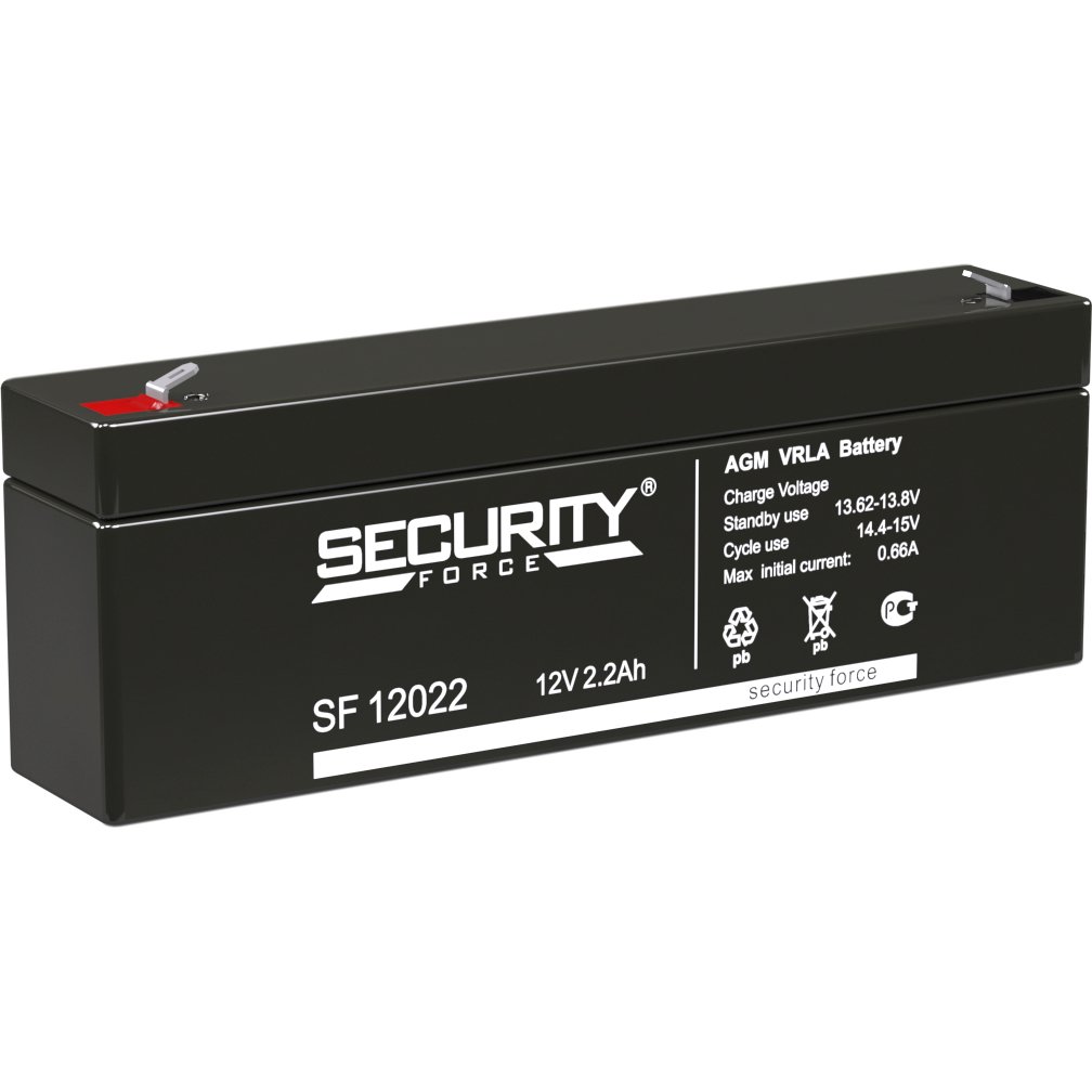 Батарея SECURITY FORCE серия SF, SF 12022, напряжение 12В, емкость 2.2Ач (разряд 20 часов),  макс. ток разряда (5 сек.) 52.5А, макс. ток заряда 0.66А, свинцово-кислотная типа AGM, клеммы F1, ДxШxВ 179х35х61мм., вес кг., срок службы 3-5 лет./ Battery SECURITY FORCE series SF, SF 12022, voltage 12V, capacity 2.2Ah (discharge 20 hours), max. discharge current (5 sec.) 52.5A, max. charge current 0.66A, lead-acid type AGM, terminals F1, LxWxH 179x35x61mm., weight kg., service life 3-5 years.