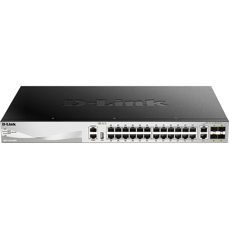 Коммутатор D-Link DGS-3130-30TS/A1A, L2+ Managed Switch with 24 10/100/1000Base-T ports and 2 10GBase-T ports and 4 10GBase-X SFP+ ports.16K Mac address, SIM,  USB port, IPv6, SSL v3, 802.1Q VLAN,GVRP, 802.1v P