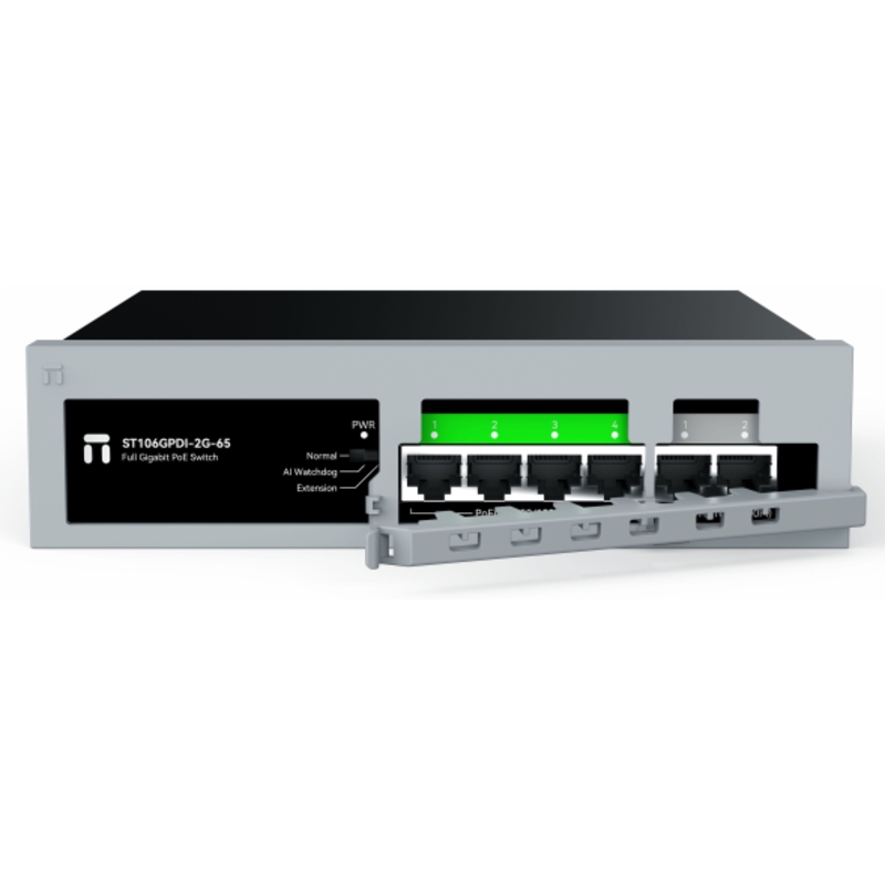 Коммутатор/ Неуправляемый PoE коммутатор Gigabit Ethernet, 4 PoE+ порта 1000 Мбит/с, 2 порта 1000 Мбит/с RJ45 Uplink, БП 65Вт