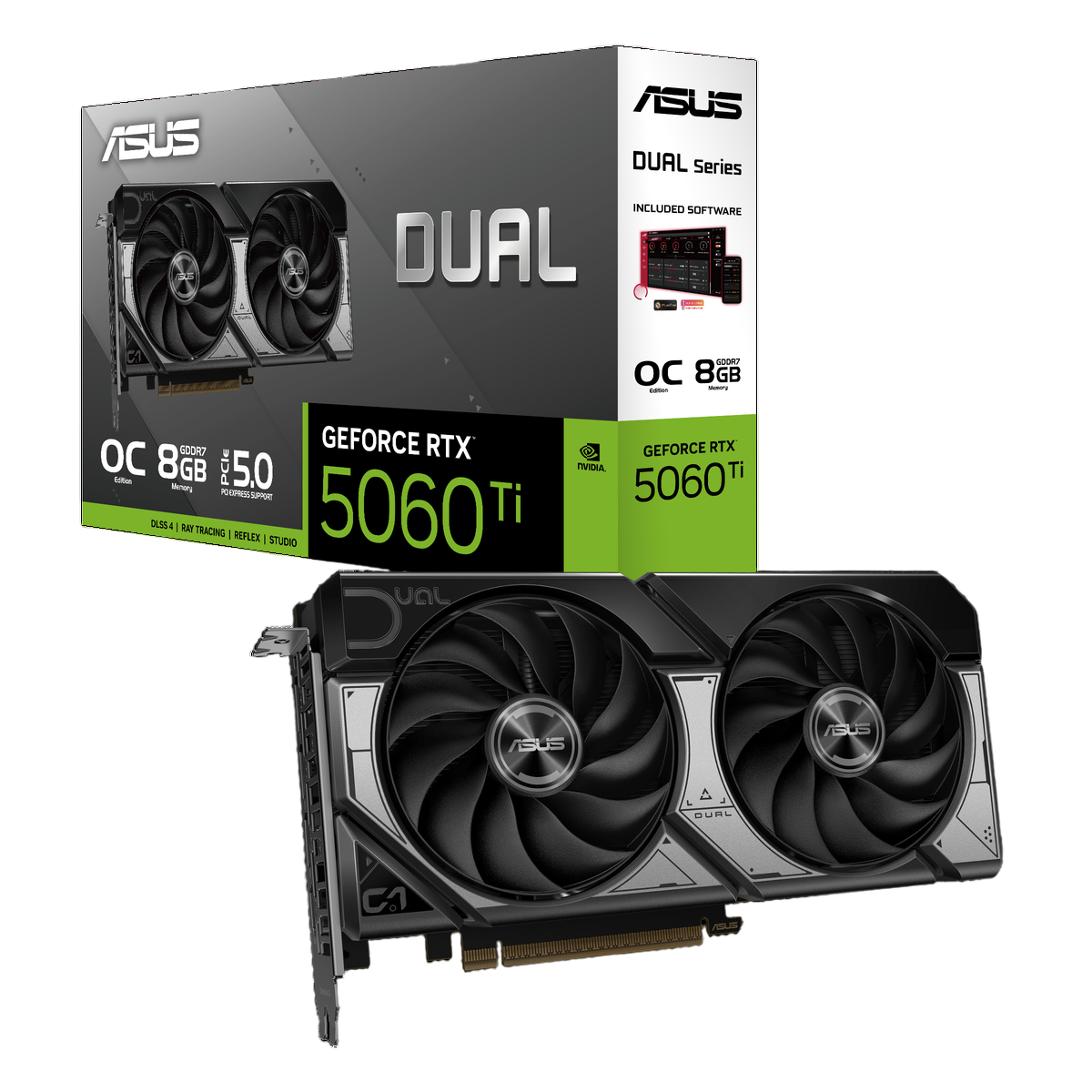 Видеокарта ASUS GeForce RTX 5060 Ti 8G DUAL OC Edition, NVIDIA RTX 5060 Ti, 8 ГБ GDDR7, 128 бит, PCI-e 5.0, 1xHDMI, 3xDP, 2632 МГц