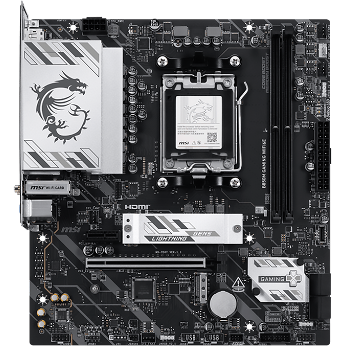 Материнская плата MSI B850M GAMING WIFI6E, AM5, AMD B850, 2xDDR5, 4xSATA, 2xM.2 (PCIe 5.0/4.0), 1xPCIe 4.0 x16, 1xPCIe x1, 1xHDMI, 1xDP, 1x2.5Gb LAN, Wi-Fi 6E, Bluetooth 5.3, 1xUSB-C 10Gbps, 3xUSB-A 10Gbps, 3xUSB-A 5Gbps, 2xUSB-A 2.0, 3x3.5 мм, 7.1, чёрный/серебристый, mATX