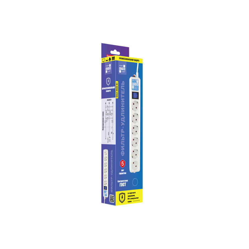 Фильтр-удлинитель Power Cube PRO, 5,0 м 6 розеток, LC контур, 16А/3,5кВт