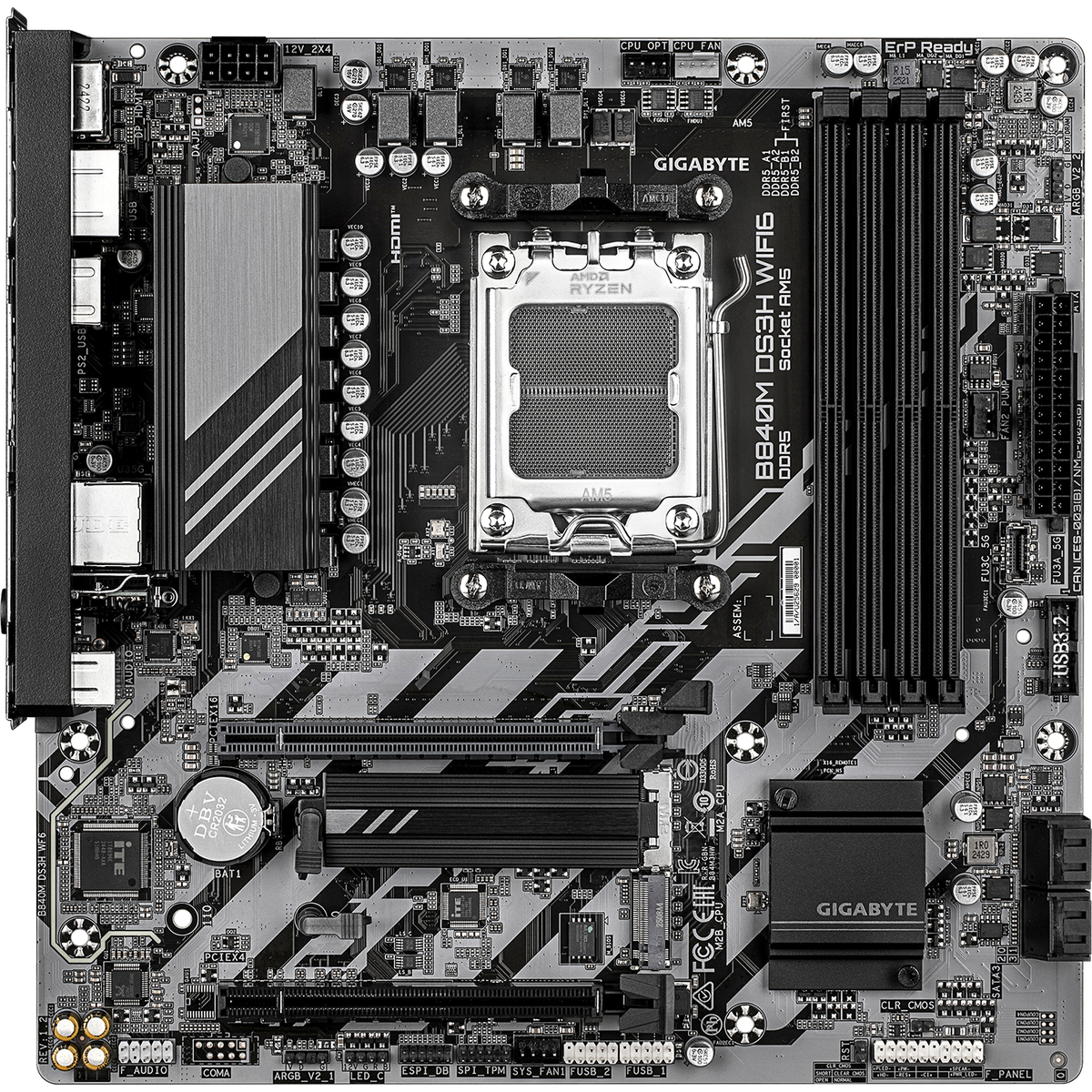 Материнская плата Gigabyte B840M DS3H WIFI6, AM5, AMD B840, 4xDDR5, 4xSATA, 2xM.2, 1xPCIe 4.0 x16, 1xPCIe 3.0 x4, 1xHDMI, 2xDP, 1x2.5Gb LAN, Wi-Fi 6, Bluetooth 5.3, 1xUSB-C 5Gbps, 2xUSB-A 5Gbps, 4xUSB-A 2.0, 3x3.5 мм, 7.1, mATX