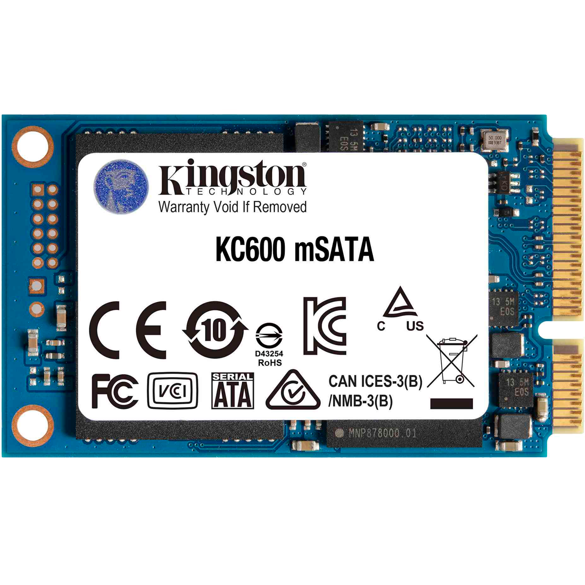 Твердотельный накопитель/ Kingston SSD KC600, 256GB, mSATA, SATA3, 3D TLC, R/W 550/500MB/s, IOPs 90 000/80 000, DRAM buffer 256MB, TBW 150, DWPD 0.32 (12 мес)