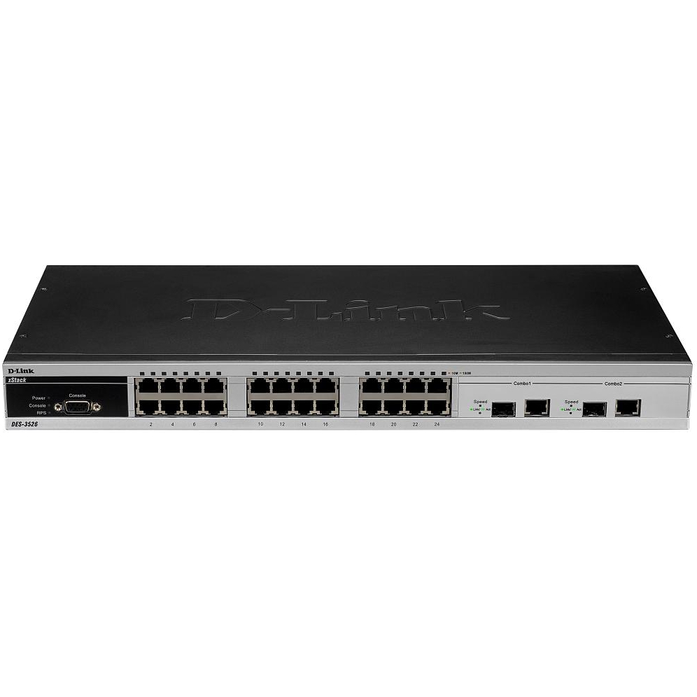 Коммутатор/ DES-3526_RFB/A22 Refurbished unit, E-Caps and fans are new, clean, fully tested, well-packed with Cable Diagnostics support, metal front panel, power cable and 19' rack mounts.Managed L2 Switch 24x100Base-TX, 2xCombo 1000Base-T/SFP, CLI, RS-232 Console, RPS, H/W A2.
