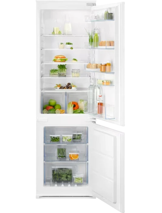 Встраиваемые холодильники  ELECTROLUX/ Холодильник комбинированный,скользящие направляющие, полный No Frost, электронное управление, класс B, полезный объём: 195 л (133 + 62 л), перенавешиваемые двери, лоток для яиц, 54x54.9x177.2 см, белый