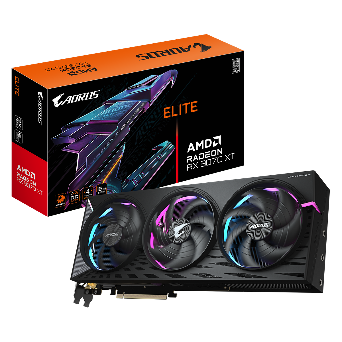 Видеокарта Gigabyte AMD - Radeon RX 9070 XT Aorus Elite, PCI-E 5.0 16x, GDDR6 16GB 256bit, 2x HDMI, 2x DP, max 7680 x 4320 (8K), 330Вт, 339мм, GV-R9070XTAORUS E-16GD