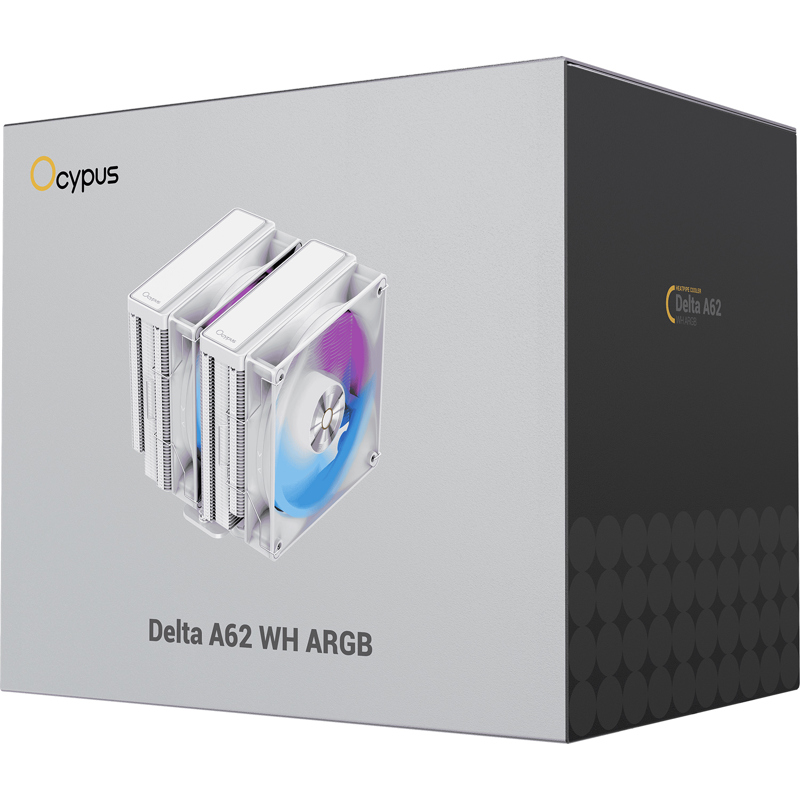 Кулер для процессора/ CPU Cooler Ocypus Delta A62 WH ARGB (260W, 4-pin PWM, 156mm, Al/Cu, 6x6mm, ARGB, 2x120mm, 73CFM, 29dBA, 2000RPM, S: 1851/1700/1200/115X, AM5/AM4, white)