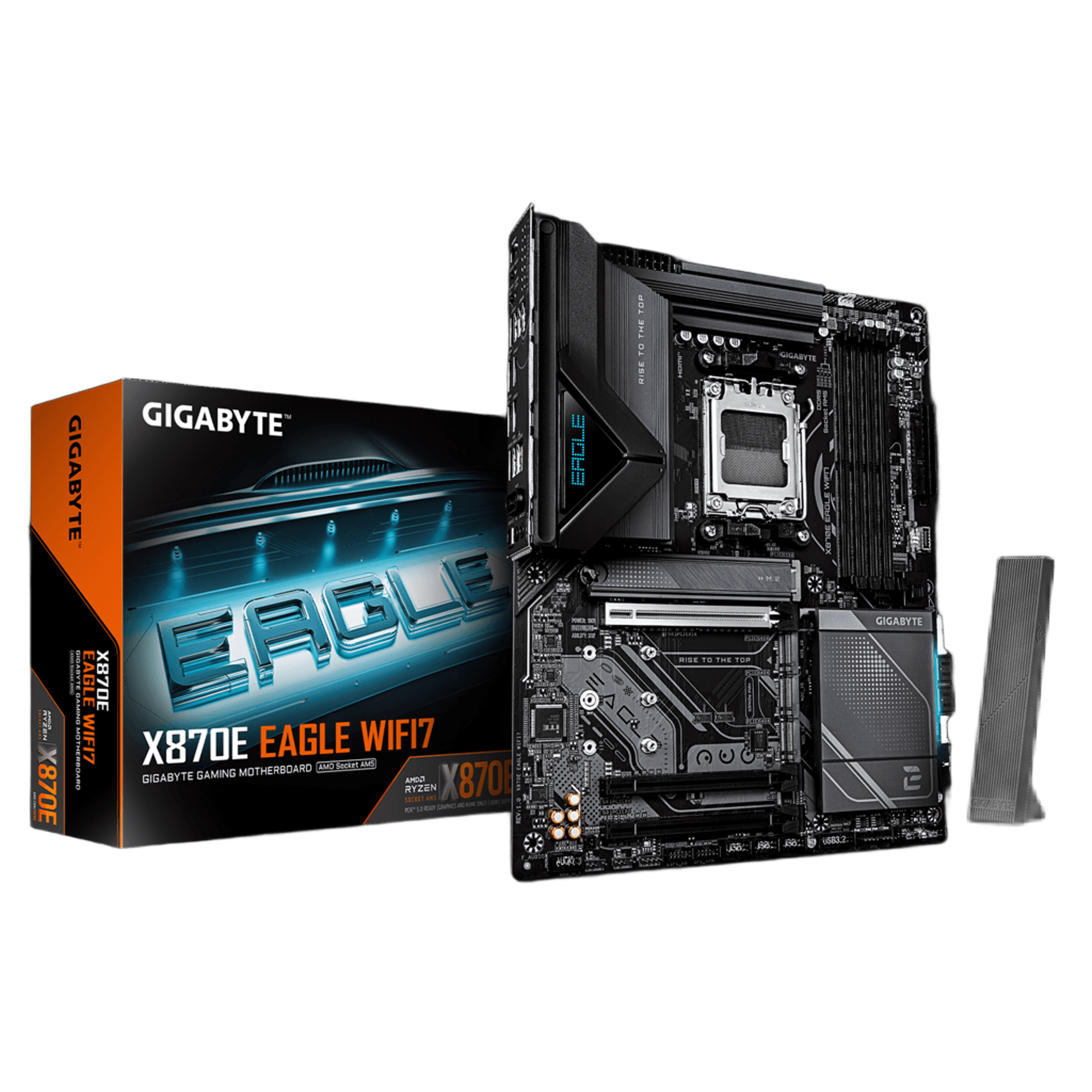 Материнская плата Gigabyte X870E EAGLE WIFI7, AM5, AMD X870E, 4xDDR5, 4xSATA, 4xM.2, 1xPCIe 5.0 x16, 1xPCIe 4.0 x16, 1xPCIe 3.0 x16, 1xHDMI, 1x5Gb LAN, Wi-Fi 7, Bluetooth 5.4, 2xUSB-C 40Gbps (USB4), 2xUSB-A 10Gbps, 4xUSB-A 5Gbps, 2xUSB-A 2.0, 3x3.5 мм + S/PDIF оптический, 7.1, чёрный, ATX