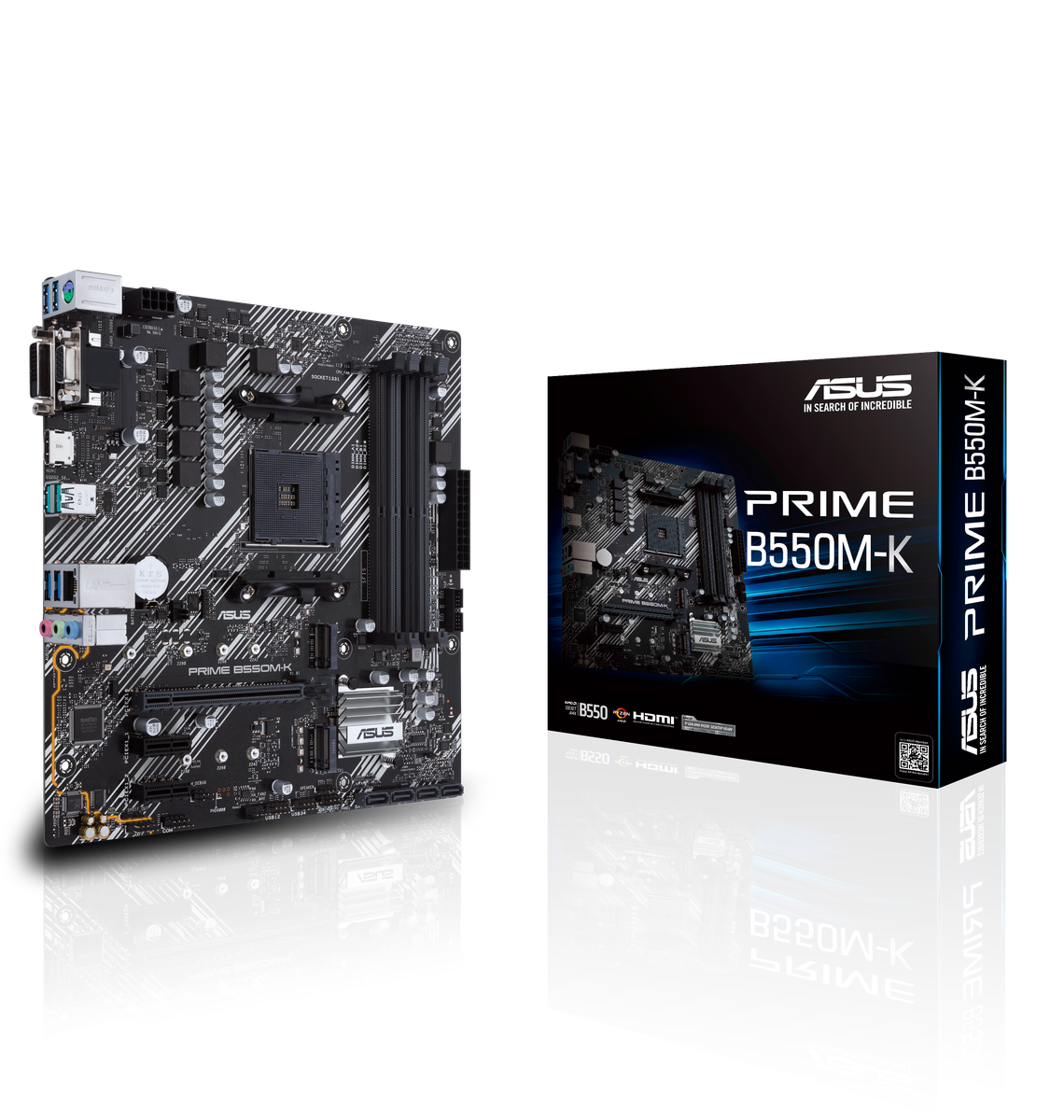 Материнская плата ASUS PRIME B550M-K, AM4, AMD B550, 4xDDR4, 4xSATA, 2xM.2, 1xPCIe 4.0 x16, 2xPCIe x1, 1xDVI-D, 1xHDMI, 1xVGA, 1x 1Gb LAN, 4xUSB 3.2 Gen 1, 2xUSB 3.2 Gen 2, 3x3.5 мм, 7.1, mATX