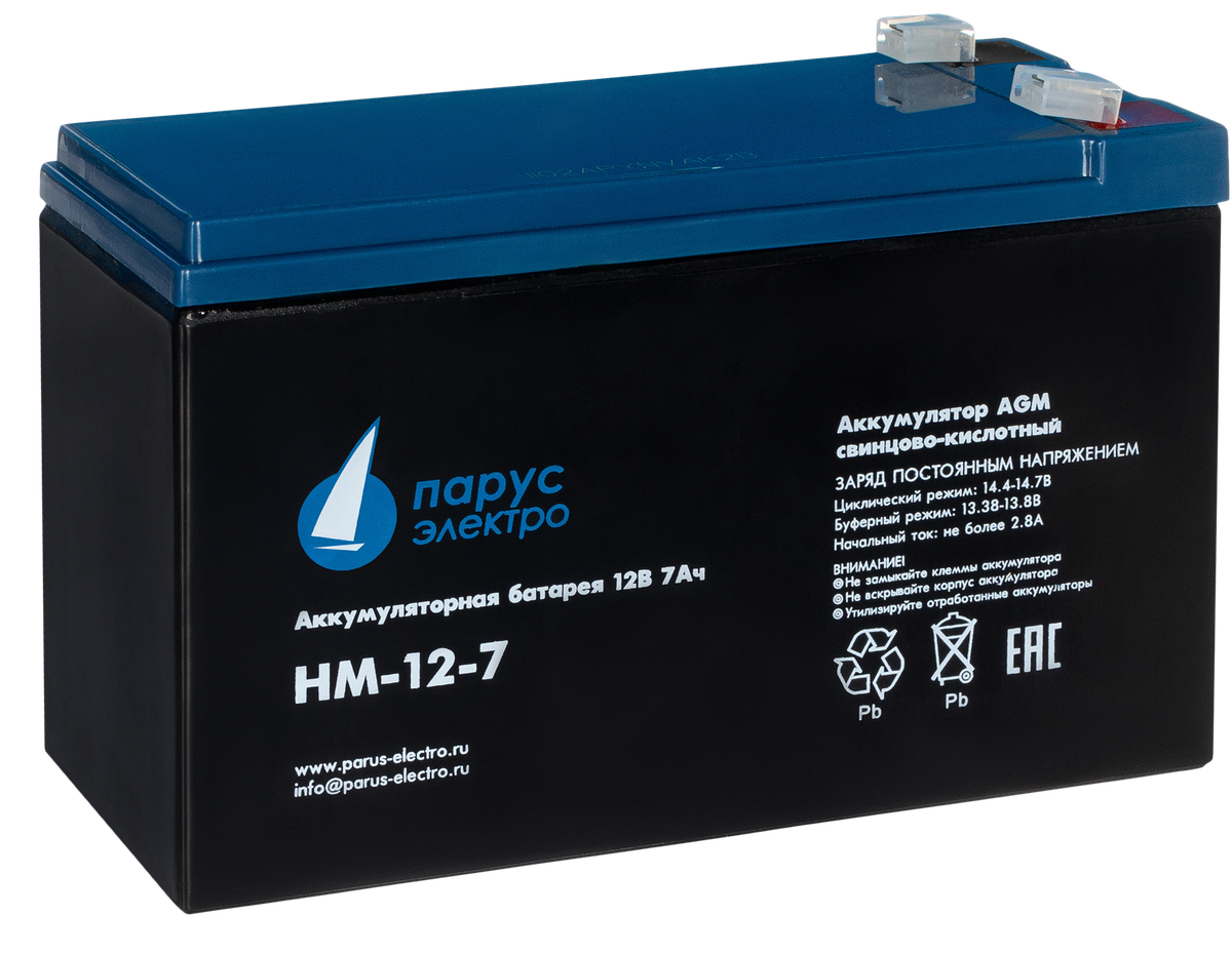Battery Parus Electro, standard series HM-12-7, voltage 12V, capacity 7.2Ah (discharge 20 hours), max. discharge current (5sec) 105A, max. charge current 2.88A, lead-acid type AGM, terminals F2, LxWxH 151x65x94mm., total height with terminals 100mm., weight 2.4kg., service life 6 years.