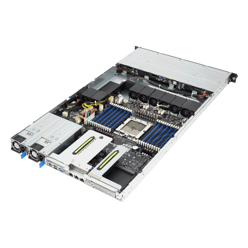 Серверная платформа/ ASUS RS501A-E12-RS4, 1U, 1x  SP5 (LGA 6096) 400W, 24x DIMM DDR5 6400/4800, 4x 3.5'' SATA/SAS, 2x M.2 SATA/NVME x4 22110, 3x PCIe x16+ 1x OCP3.0 x16, 1x 2-port 1GbE Intel I350 LAN, up to 2 single-slot GPU cards, 1+1 1600W