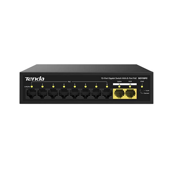 Коммутатор Tenda SG110PC, неуправляемый PoE, 8×1GbE PoE, 2×Uplink, 100W