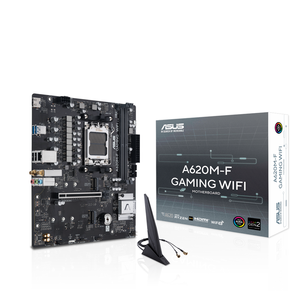Материнская плата ASUS A620M-F GAMING WIFI, AM5, AMD A620, 2xDDR5, 2xM.2, 1xPCIe 4.0 x16, 1xHDMI, 1x2.5Gb LAN, Wi-Fi 6E, Bluetooth 5.3, 2xUSB-A 5Gbps, 2xUSB-A 2.0, 3x3.5 мм, 7.1, mATX