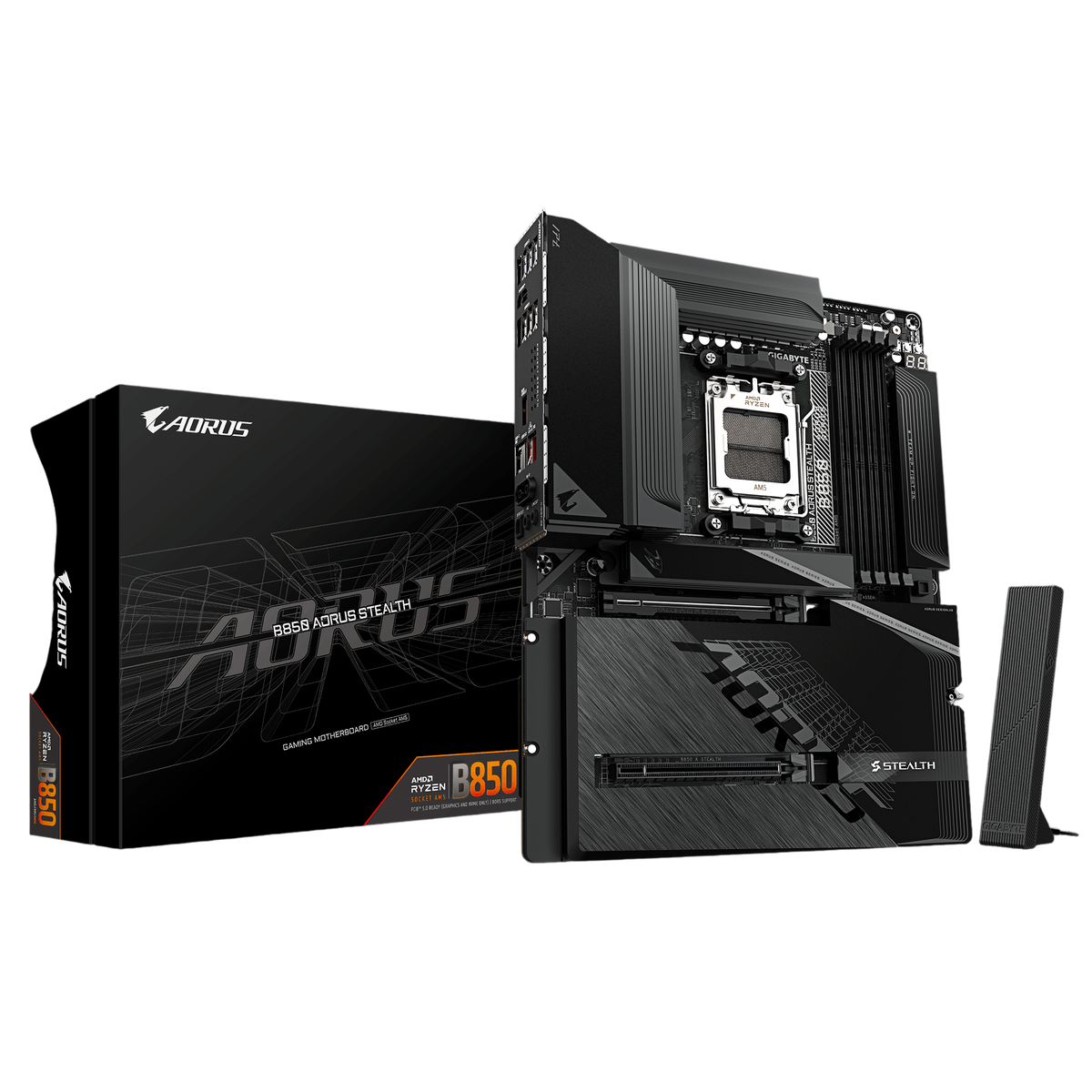 Материнская плата Gigabyte B850 AORUS STEALTH, AM5, AMD B850, 4xDDR5, 2xSATA, 4xM.2, 1xPCIe 5.0 x16, 1xPCIe 4.0 x16, 1xHDMI, 1x5Gb LAN, Wi-Fi 7, Bluetooth 5.4, 1xUSB-C 10Gbps, 2xUSB-A 10Gbps, 4xUSB-A 5Gbps, 4xUSB-A 2.0, 3x3.5 мм + S/PDIF оптический, 7.1, ATX