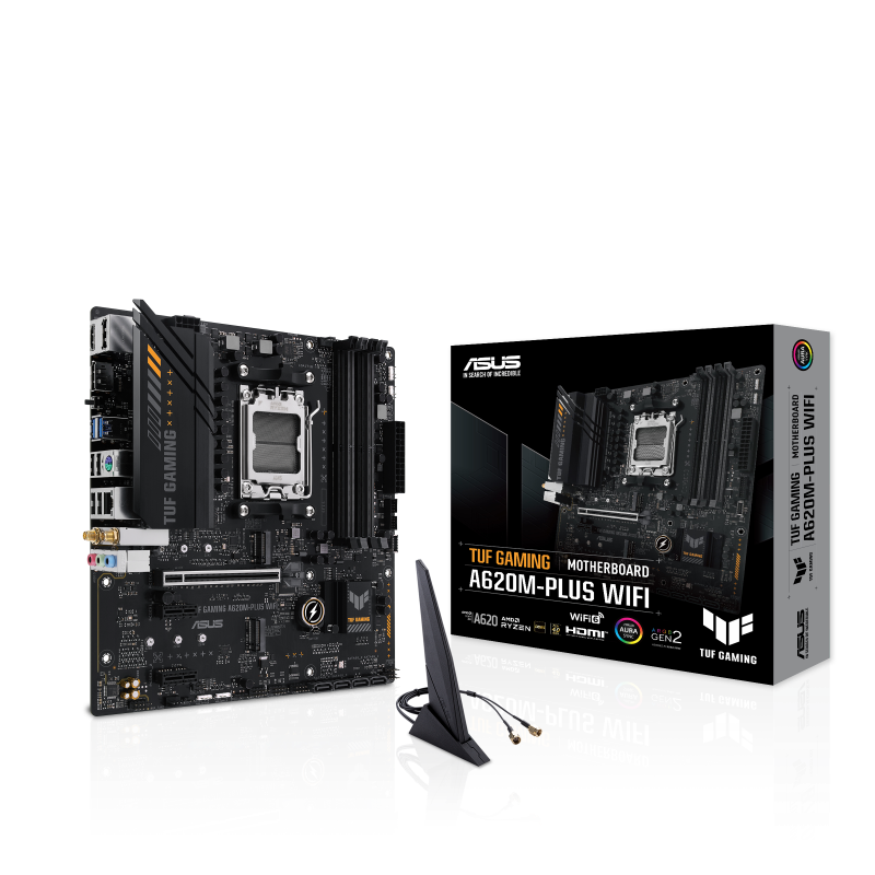 Материнская плата ASUS TUF GAMING A620M-PLUS WIFI, AM5, AMD A620, 4xDDR5, 4xSATA, 2xM.2, 1xPCIe 4.0 x16, 2xPCIe x1, 2xDP, 1xHDMI, 1x 2.5Gb LAN, 4xUSB-A 2.0, 2xUSB-A 3.2 Gen 1, 3x3.5 мм, 7.1, mATX