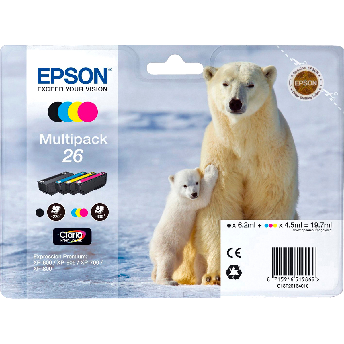 EPSON C13T26164010  Картридж для Epson Expression Premium XP-600, 605, 700, 800, Набор из 4 Цветов, 26 4clr Pig BK, CY, MA, YE (cons ink)