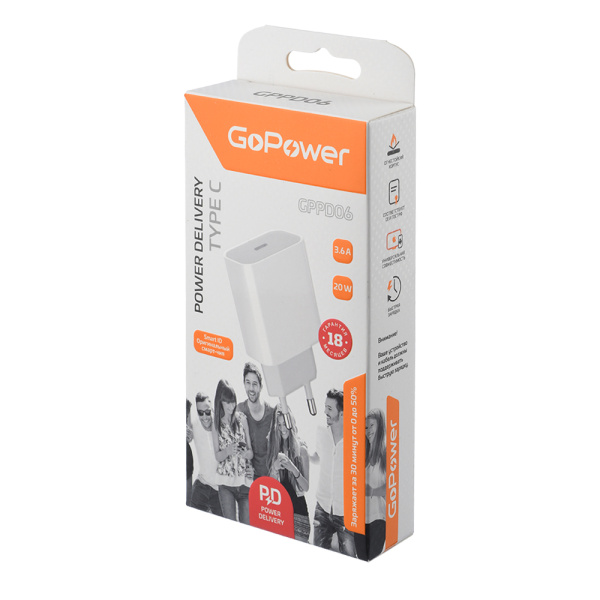 GoPower <00-00022766> Зарядное устройство USB (Вых.  DC5/9V, 20W, USB-C)