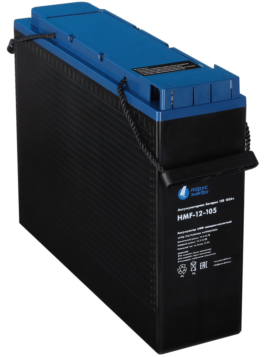 Battery Parus Electro, specialized series HMF-12-105, voltage 12V, capacity 105Ah (discharge 10 hours), max. discharge current (5sec) 900A, max. charge current 31.5A, lead-acid AGM type, M8 bolt terminals, LxWxH 395x110x286mm., total height with terminals 293mm., weight 35.7kg., service life 12 years.