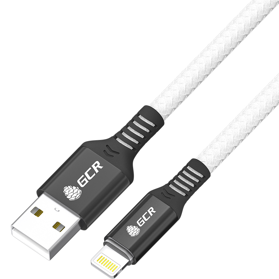 GCR PRO Кабель PREMIUM 1.2m для iPhone, iPad, Air, AM/Lightning, MFI, медь, белый в оплетке нейлон, AL case
