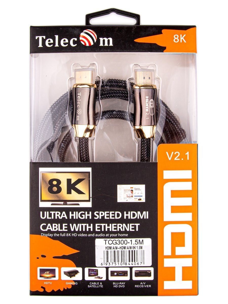 Кабель/ Кабель HDMI 19M/M,ver. 2.1, 8K@60 Hz 1.5m метал разъемы, нейлоновая оплетка Telecom <TCG300-1.5M>