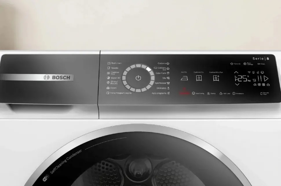 Сушильная машина BOSCH, 8 серия, тепловой насос, загрузка 9 кг, сенсорное управление, дисплей, отложенный старт, 14 программ, класс энергоэффективности : A+++, Габариты: 842 х 598 х 613 мм, цвет белый