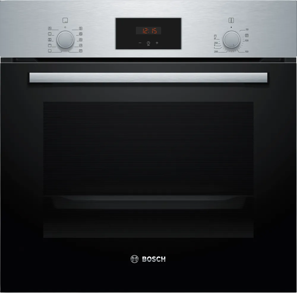 Духовой шкаф Bosch HBF512BS1T Serie 2, нержавеющая сталь, класс энергоэффективности А, 7 режимов, 3-х слойное остекление, LED-дисплей, утапливаемые переключатели, галогенное освещение, проволочные направляющие, сделано в Турции,