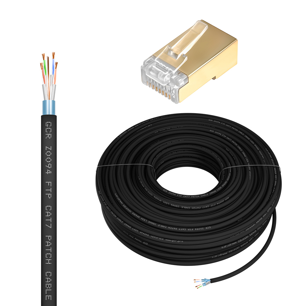 GCR PRO Кабель LAN DIY витая пара 50m в бухте, F/FTP кат.7, медь, многопроволочный, LSZH, черный + экранированные коннекторы RJ-45 8p8c 20шт.