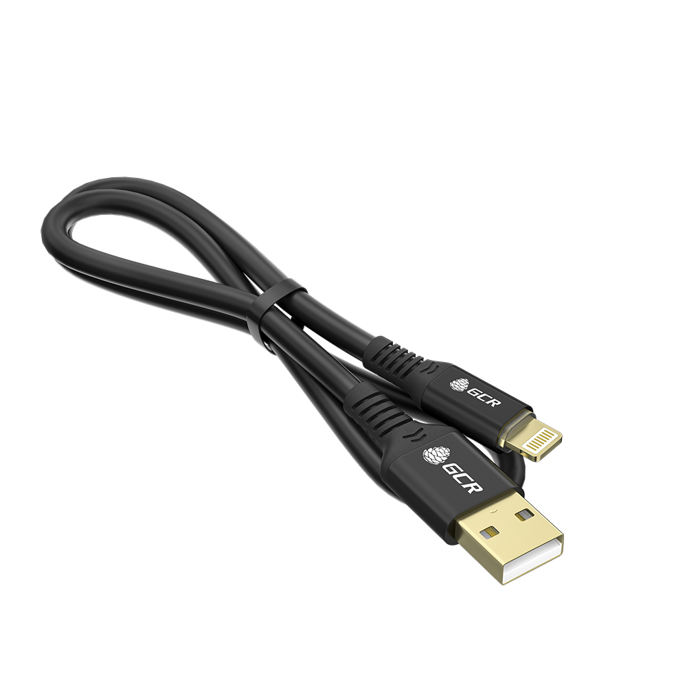 GCR PRO Кабель PREMIUM 1.2m для iPhone, iPad, Air, AM/Lightning, MFI, GOLD, медь, черный силикон, AL корпус