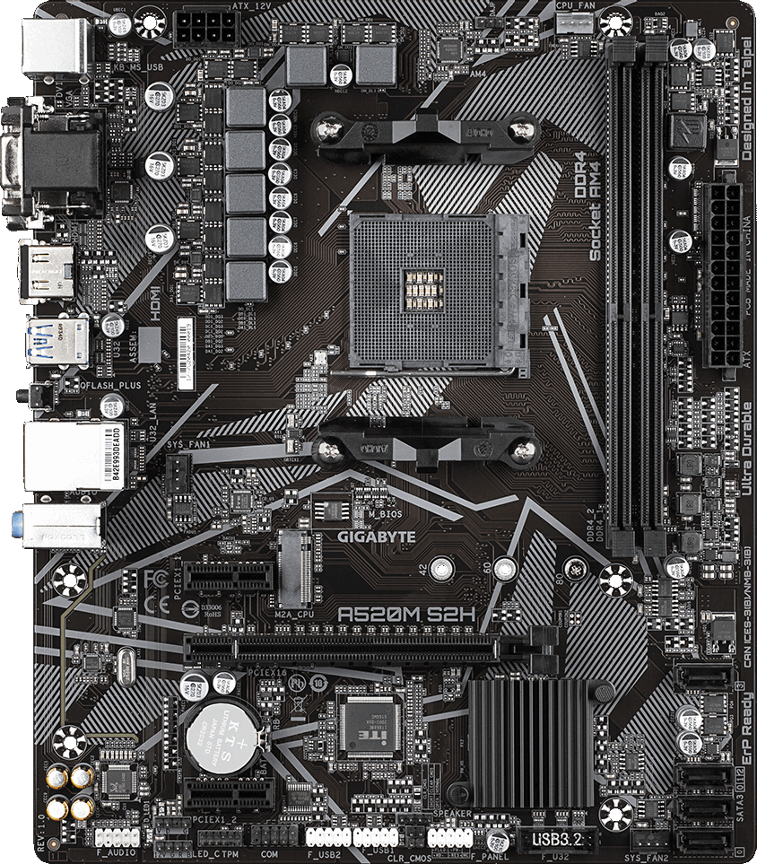 Материнская плата Gigabyte A520M S2H, Socket AM4, AMD A520, 2xDDR4-3200, D-SUB+DVI-D+HDMI, 1xPCI-Ex16, 2xPCI-Ex1, 4xSATA3(RAID 0/1/10), 1xM.2, 8 Ch Audio, GLan, (2+4)xUSB2.0, (4+2)xUSB3.2, 1xPS/2, mATX, RTL {10} (809720)