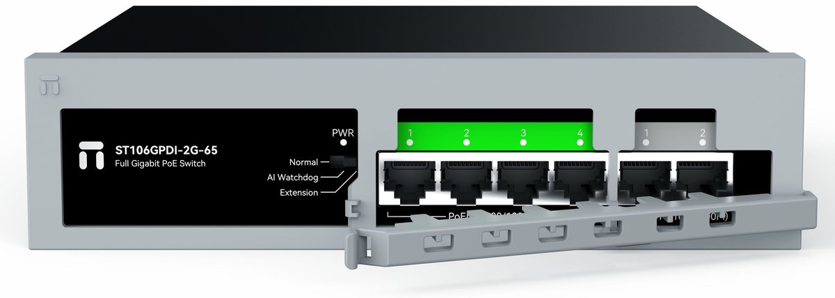 Коммутатор/ Неуправляемый PoE коммутатор Gigabit Ethernet, 4 PoE+ порта 1000 Мбит/с, 2 порта 1000 Мбит/с RJ45 Uplink, БП 65Вт