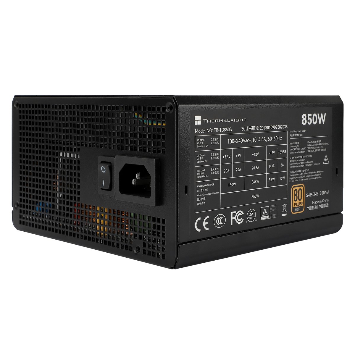 Блок питания ПК/ Power Supply Thermalright, 850W 80+ Gold (ATX, 3.0, PCIe 5.0, Non-modular, 1x24(20+4)pin, 1xCPU 8(4+4)pin, 2xPCIe*2 8(6+2)pin, 5xSATA3, 1x12+4pin (12VHPWR PCIe 5.0 12+4pin 600mm), 3xMOLEX4pin, Active, 120x120mm, 150x140x86mm, APFC, black)