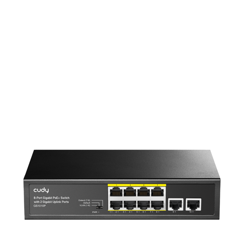 Коммутатор CUDY 8-Port Gigabit PoE+ Switch with 2 Gigabit Uplink Ports 120W                                          8 RJ-45 10/100/1000M PSE ports +2 RJ45 10/100/1000  Uplink Port Unmanaged PoE+ Switch 120W, CCTV/VLAN mode support, long distance:250M at CCTV mode.  802.3af/at standard,  Aternative 1/2(+),3/6(-), Rack-mountable Steel Case, Watchdog, 120W internal