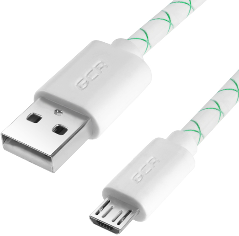 GCR PRO QC Кабель 1.0m MicroUSB, бело-зеленый, белые коннекторы, быстрая зарядка, 28/24 AWG, медь