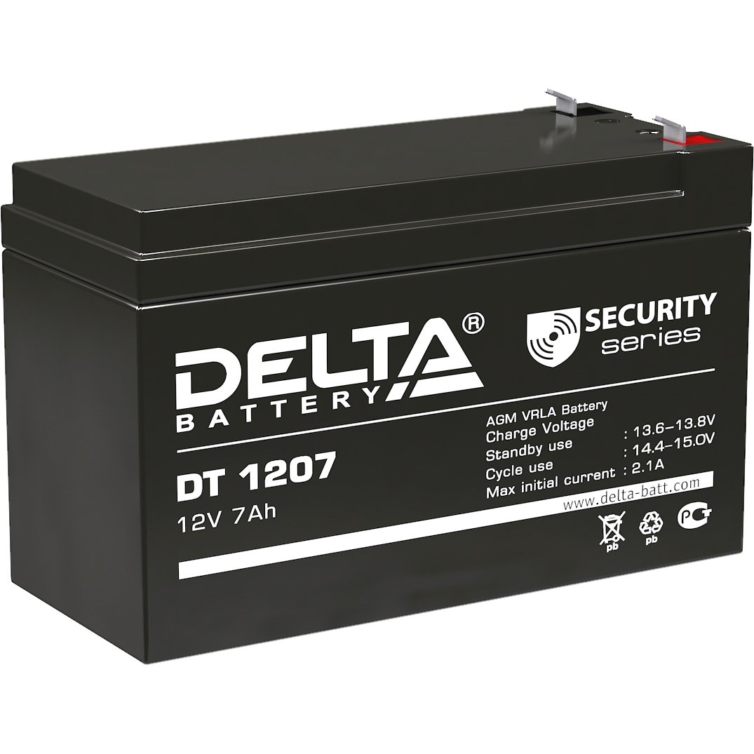 Батарея DELTA серия DT, DT 1207, напряжение 12В, емкость 7Ач (разряд 20 часов),  макс. ток разряда (5 сек.) 108А, макс. ток заряда 2.1А, свинцово-кислотная типа AGM, клеммы F1, ДxШxВ 151х65х95мм., вес 2.05кг., срок службы 5 лет./ Battery DELTA series DT, DT 1207, voltage 12V, capacity 7Ah (discharge 20 hours), max. discharge current (5 sec.) 108A, max. charge current 2.1A, lead-acid type AGM, terminals F1, LxWxH 151x65x95mm., weight 2.05kg., service life 5 years.