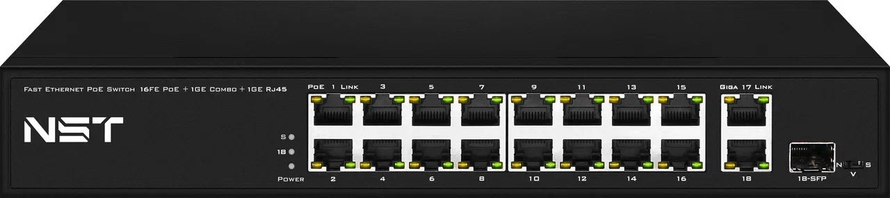 PoE коммутатор Fast Ethernet/ PoE коммутатор Fast Ethernet на 16 x RJ45 PoE + 2 x RJ45 GE + 1 SFP GE порта. Порты: 16 x FE (10/100 Base-T) с поддержкой PoE (IEEE 802.3af/at), 2 x GE Uplink (RJ45), 1 x GE SFP Uplink. Соответствует стандартам PoE IEEE 802.3af/at. Автоматическое определение и режим антизависания PoE устройств. Мощность PoE на порт - до 30W. Суммарная мощность PoE до 292W. Поддержка режима CCTV: Увеличение расстояния передачи данных и питания до 250м, изоляция портов (VLAN). Питание