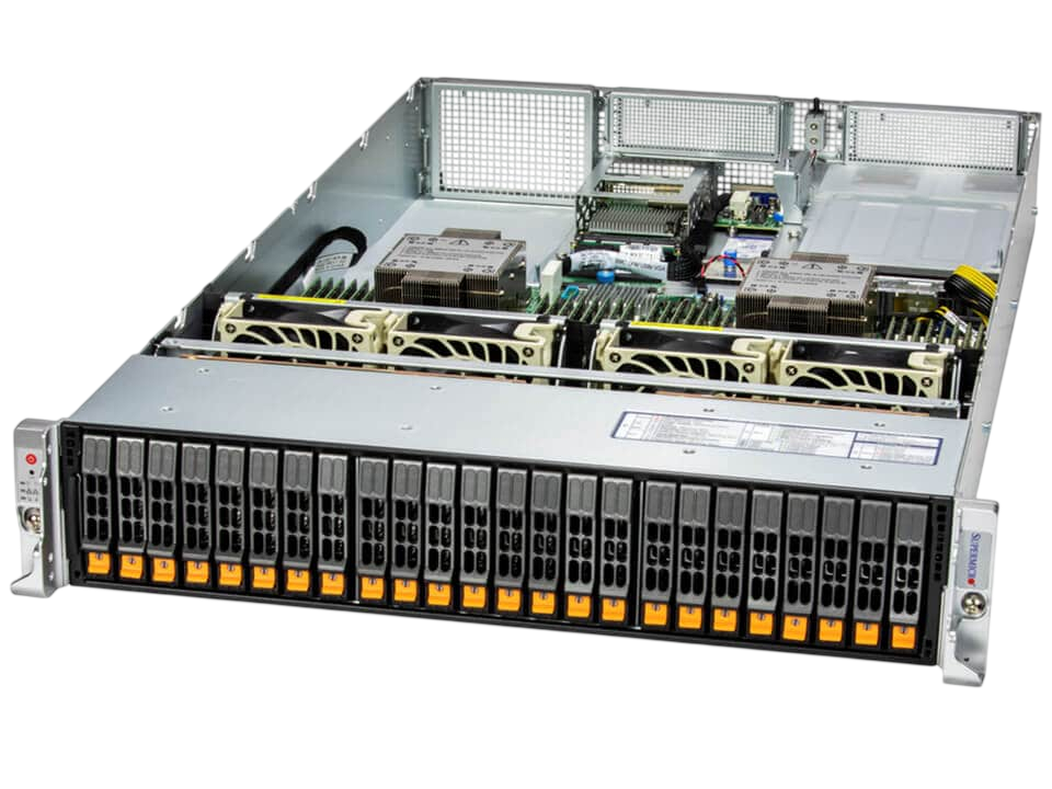 Серверная платформа/ SYS-221H-TN24R (bundle12): 2U / 2x LGA-4677 / 32x DDR5 RDIMM / 24x Hs 2.5" NVMe*/SATA/SAS*/ 1x SSD NVME 480GB, M.2 / 1x Dual-Port 1GbE RJ45 / 2x 1200W Power (24 NVME config, Fan+ Heatsink Upgrade)