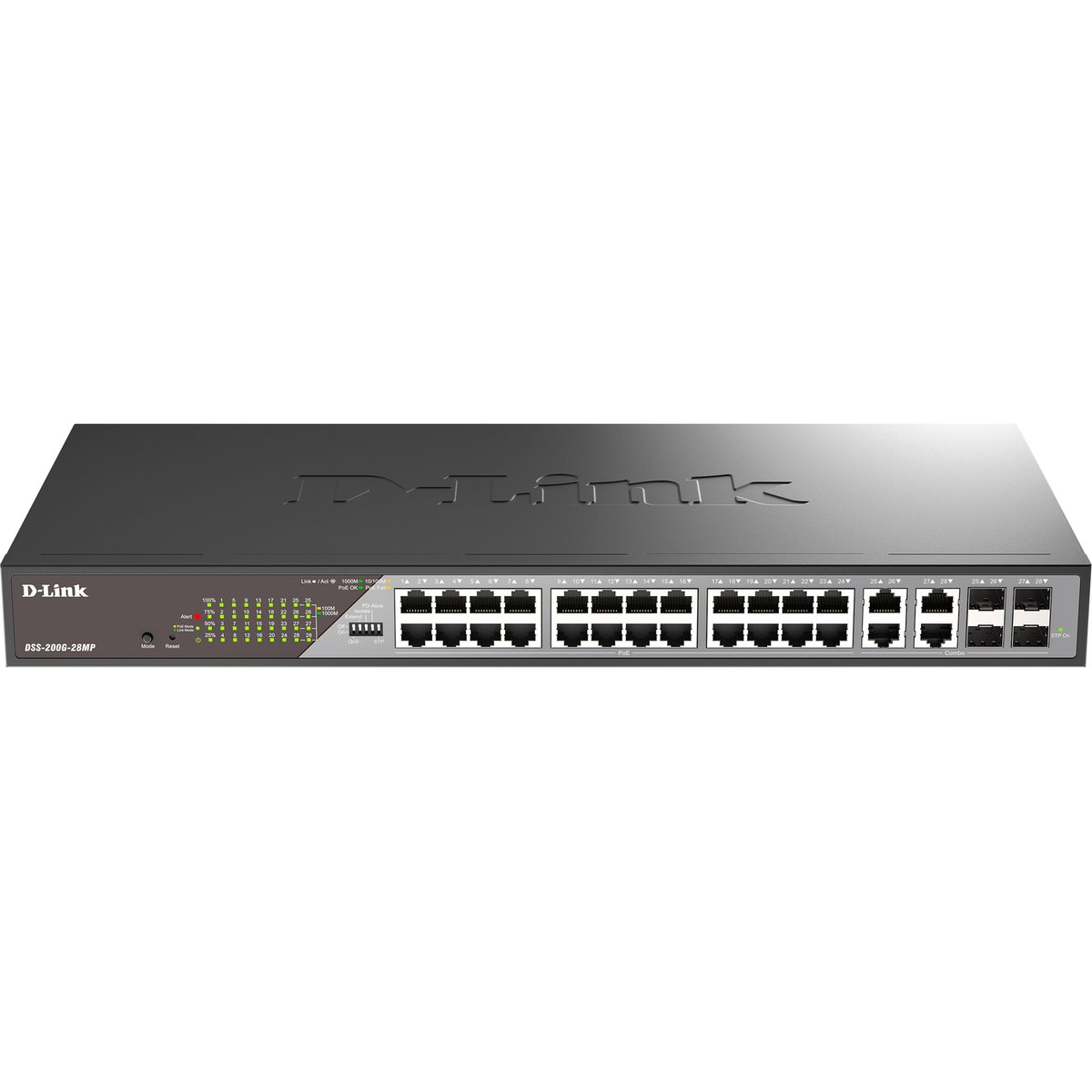 Коммутатор D-Link DSS-200G-28MP Управляемый L2 коммутатор с 24 портами 10/100/1000Base-T, 4 комбо-портами 100/1000Base-T/SFP и DIP-переключателем (24 порта PoE 802.3af/at, PoE-бюджет 370 Вт, дальность до 250 м)