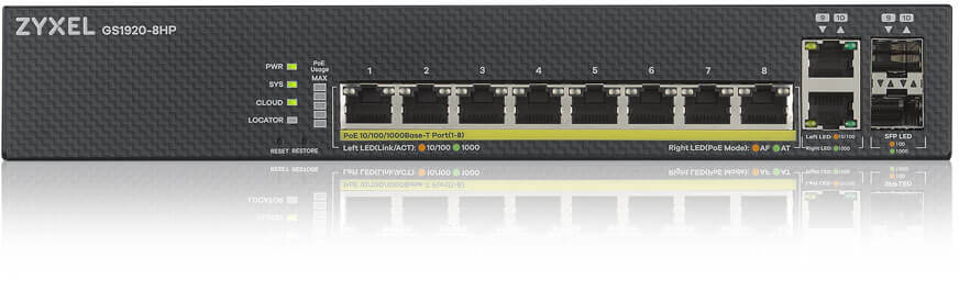 ZYXEL GS1920-8HPV2-EU0101F Гибридный Smart PoE+ коммутатор NebulaFlex GS1920-8HPv2, 8xGE PoE+, 2xCombo (SFP/RJ-45), бесшумный, бюджет PoE 130 Вт, автономное/облачное управление