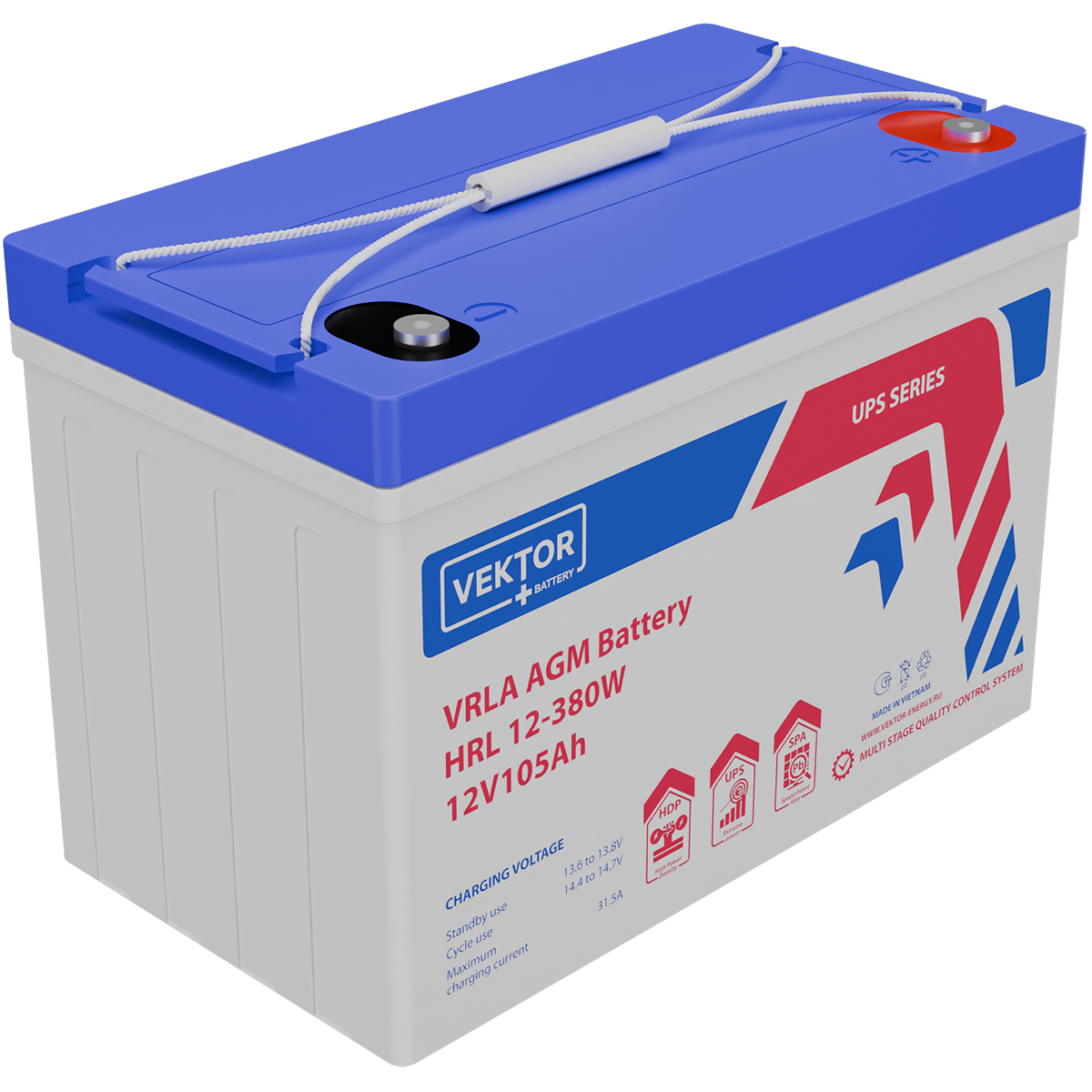 Батарея Vektor Battery серия HRL, HRL 12-380W, напряжение 12В, емкость 105 Ач (разряд 10 часов), макс. ток разряда (5 сек.) 1050 А, макс. ток заряда 31,5 А, свинцово-кислотная типа AGM, клеммы М6, ДxШxВ 307x168x211мм., вес 29,2 кг., срок службы 12 лет