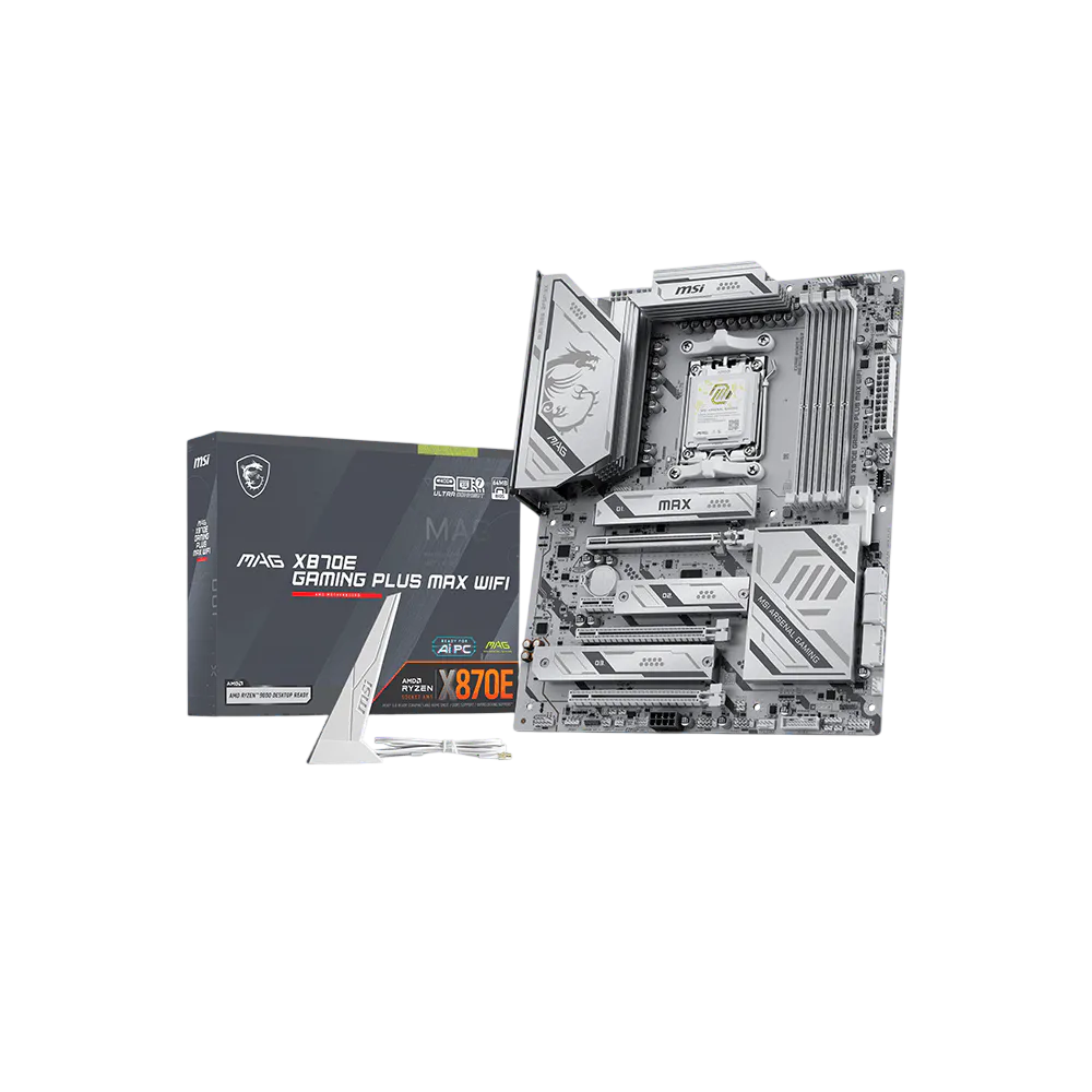 Материнская плата MSI MAG X870E GAMING PLUS MAX WIFI, AM5, AMD X870E, 4xDDR5 (до 256 ГБ), 4xSATA, 3xM.2 (1xPCIe 5.0, 2xPCIe 4.0), 1xPCIe 5.0 x16, 1xPCIe 4.0 x16, 1xPCIe 3.0 x16, 1xPCIe x1, 1xHDMI, 1x5Gb LAN, Wi-Fi 7, Bluetooth 5.4, 1xUSB-C 40Gbps (USB4), 1xUSB-C 20Gbps, 2xUSB-A 10Gbps, 2xUSB-A 5Gbps, 4xUSB-A 2.0, 3x3.5 мм + S/PDIF оптический, 7.1, белый, ATX