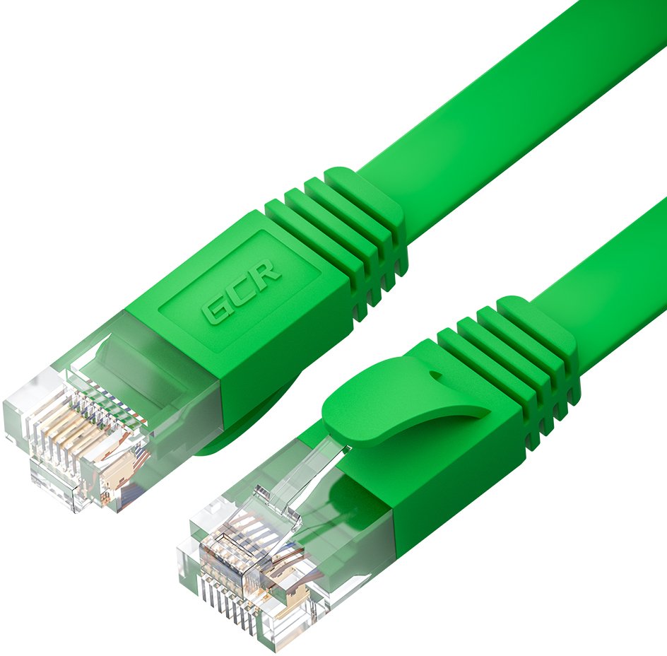 GCR Патч-корд PROF плоский прямой 5.0m, UTP медь кат.6, зеленый, 30 AWG, ethernet high speed 10 Гбит/с, RJ45, T568B, GCR-52843