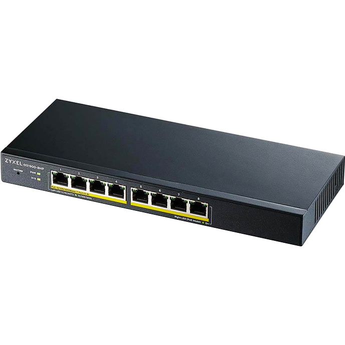 Коммутатор Настраиваемый (Smart) ZyXEL - GS1900-8HP, Layer 2, 8-PoE, 8-1GbE, SNMP, Web, настольный, чёрный, GS1900-8HP-EU0103F