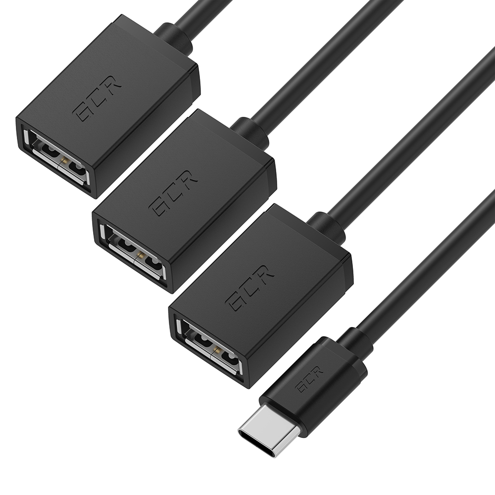 GCR PRO Переходник USB Hub Type-C гибкий 0.35m разветвитель на 3 USB порта, СМ / 3 х AF, черный