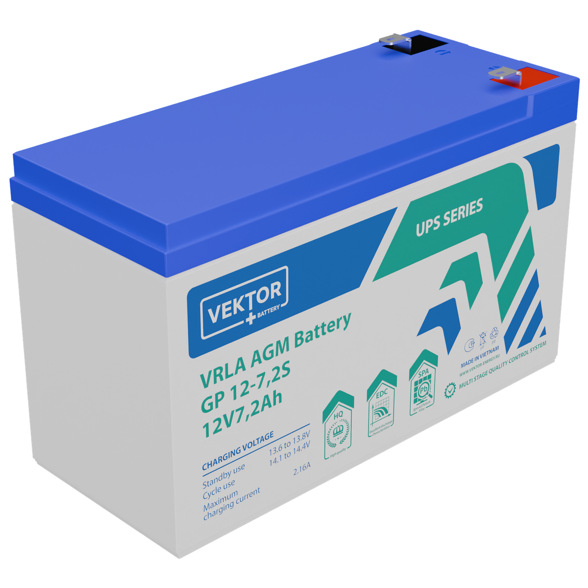 Батарея Vektor Battery серия GP , GP 12-7,2S, напряжение 12В, емкость 7,82Ач (разряд 20 часов), емкость 7,34Ач (разряд 10 часов), макс. ток разряда (5 сек.) 108А, макс. ток заряда 2,16A, свинцово-кислотная типа AGM, клеммы Т2, ДxШxВ 151x65x100 мм., вес 2,1