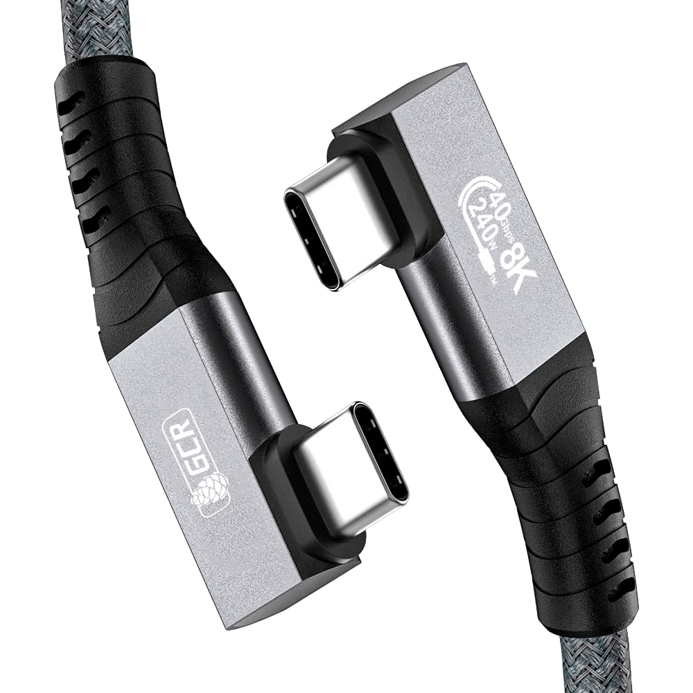 GCR PRO Кабель USB4 Type-C, 2.0m, угловой, 40Gbps, 240W, 8K60Hz, M/M, медь, разъемы Г-образные, боковые, в оплетке текстиль, серый