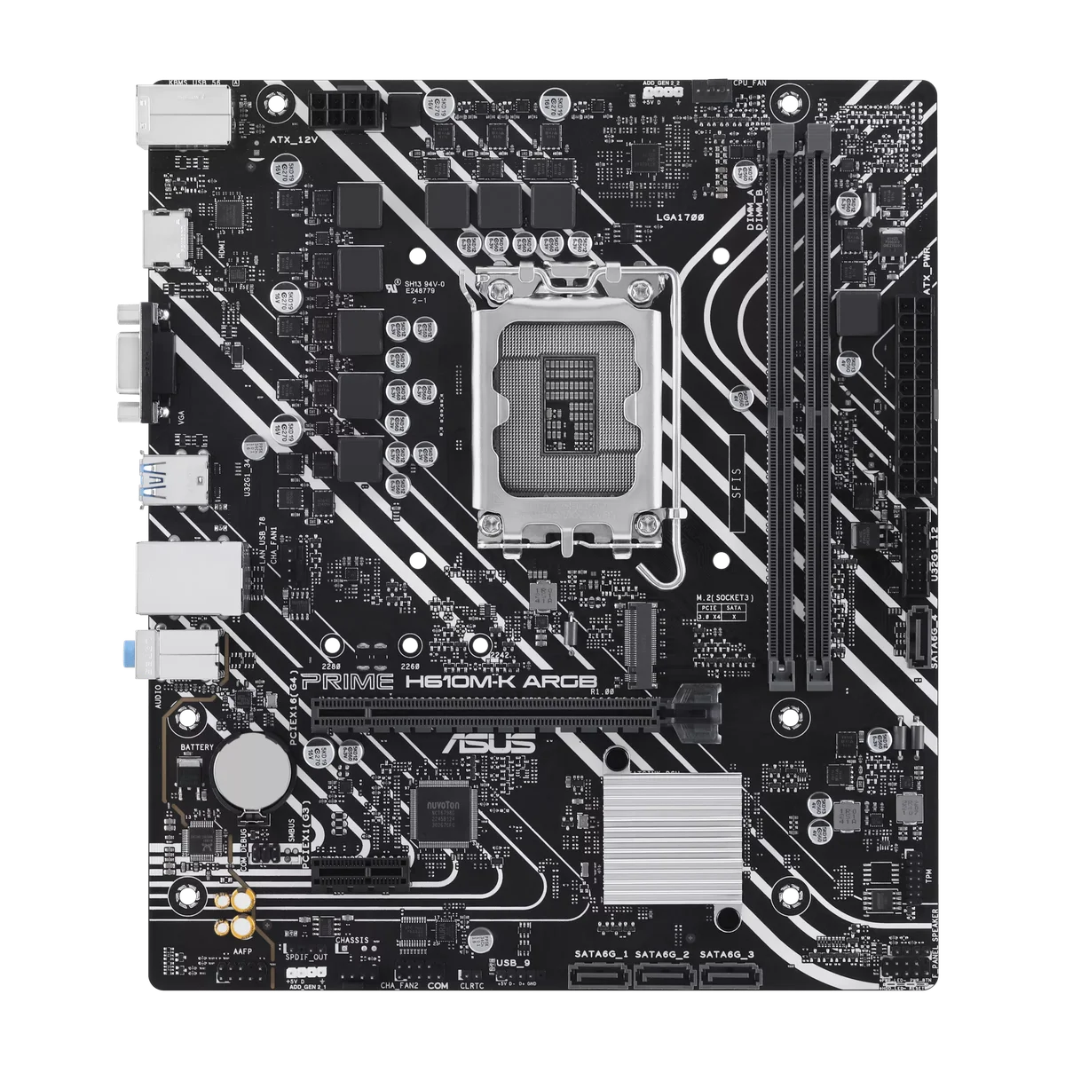 Материнская плата ASUS PRIME H610M-K ARGB, LGA1700, Intel H610, 2xDDR5, 4xSATA, 1xM.2, 1xPCIe 4.0 x16, 1xPCIe 3.0 x1, 1xVGA, 1xHDMI, 1x1Gb LAN, 2xUSB-A 5Gbps, 4xUSB-A 2.0, 3x3.5 мм, 7.1, mATX